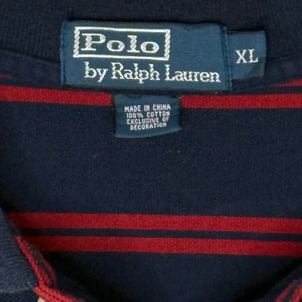 Vintage Polo Ralph Lauren Polo Shirt Dark Navy Blue Red Stripes Size XL